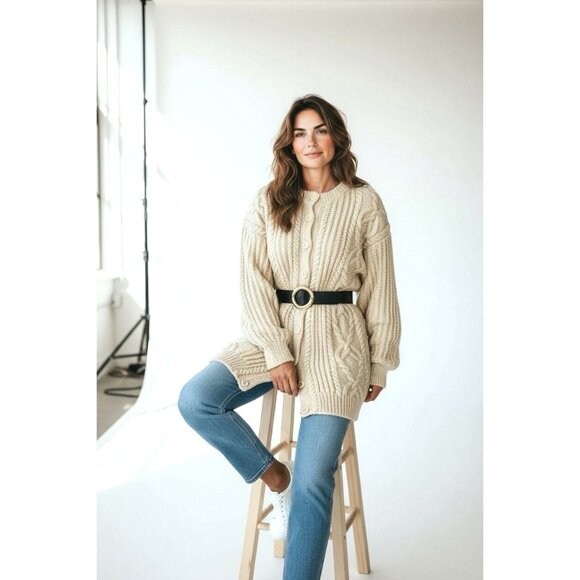 custom Sweaters - vtg hand knit in Irland fishermans merino wool cardigan ivory womens sz L